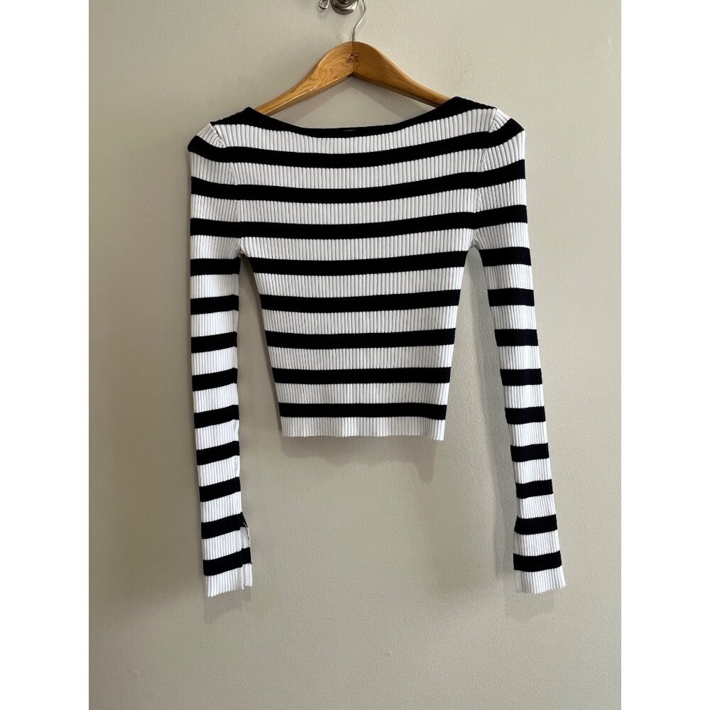 Reckless Love Cropped Sweater Womens L Navy Stripe Boat Neck Fitted Ribbed